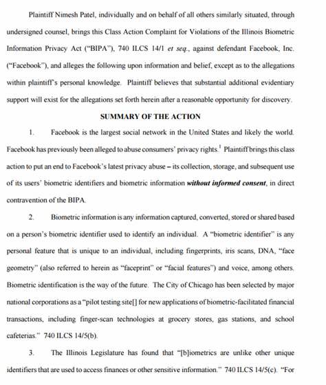 一纸诉讼，Facebook因人脸识别技术被告