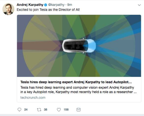 深度学习专家Karpathy加入特斯拉，或将负责自动驾驶视觉研究