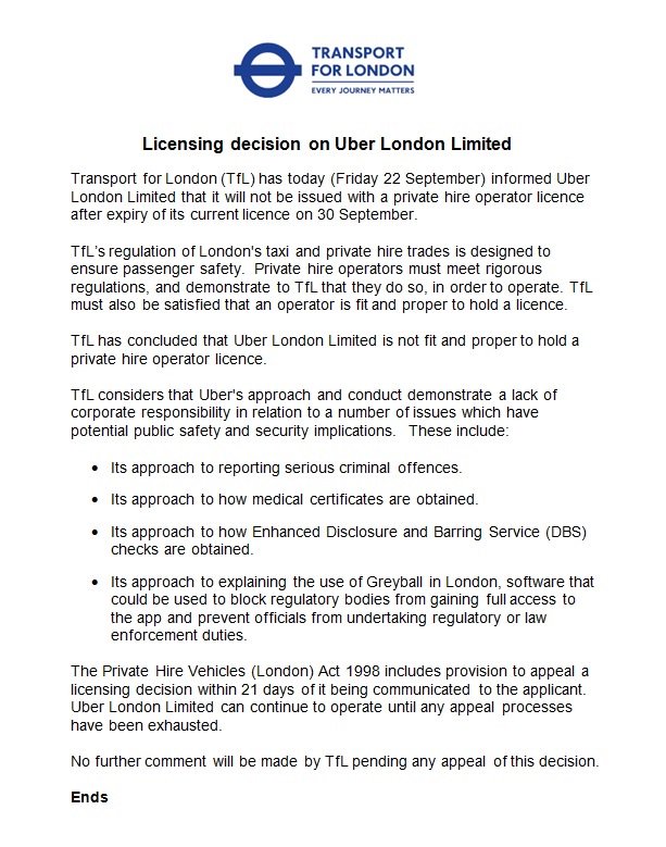 4万名司机恐受影响，Uber失去伦敦运营牌照遭重击