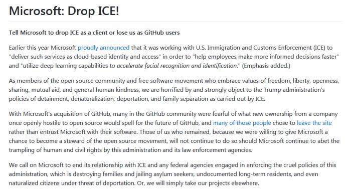 Github开发者签署公开信，喊话微软“不作恶”