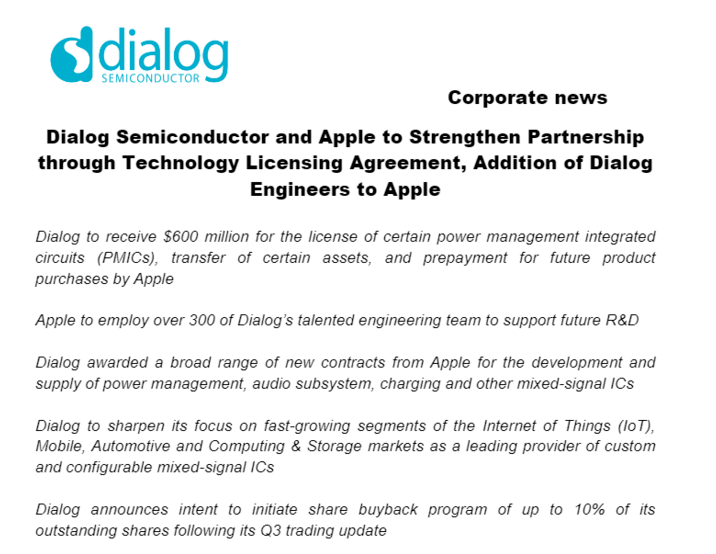苹果6亿美元收购欧洲电源芯片厂商Dialog ，进一步完善硬件产业链